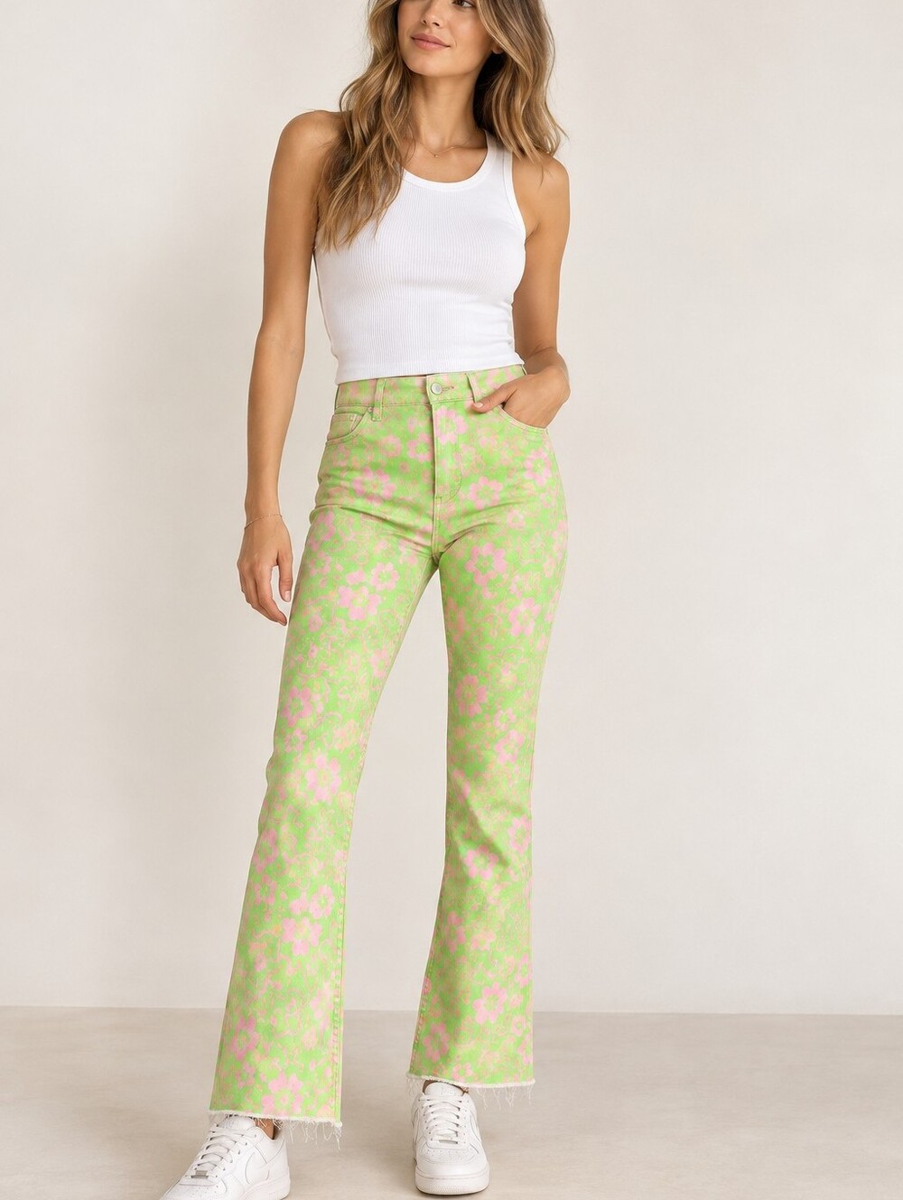 ZARA Floral Print High Rise Flare Jeans Green & Pink Size 4 (EUR 36)